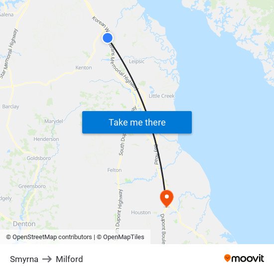 Smyrna to Milford map