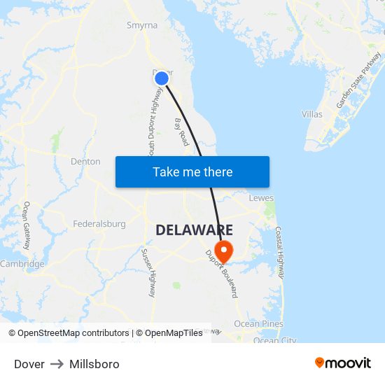 Dover to Millsboro map