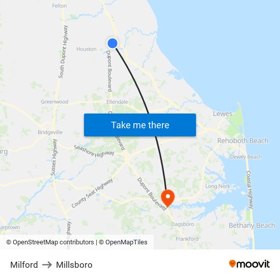 Milford to Millsboro map