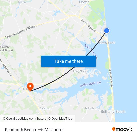 Rehoboth Beach to Millsboro map