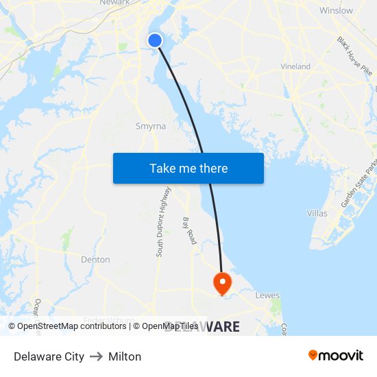 Delaware City to Milton map