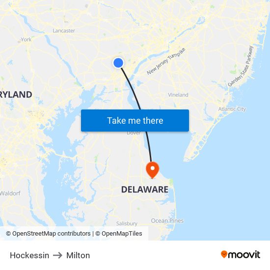 Hockessin to Milton map