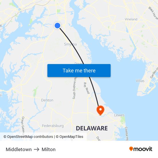 Middletown to Milton map