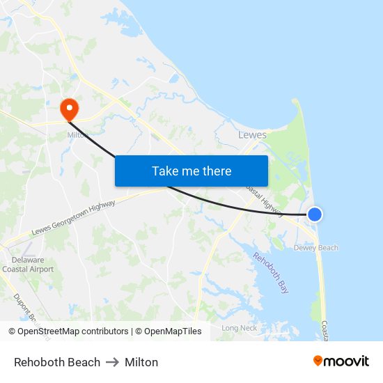 Rehoboth Beach to Milton map