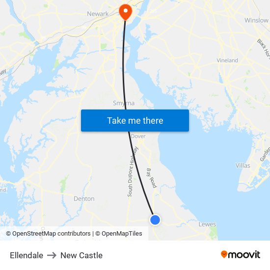 Ellendale to New Castle map