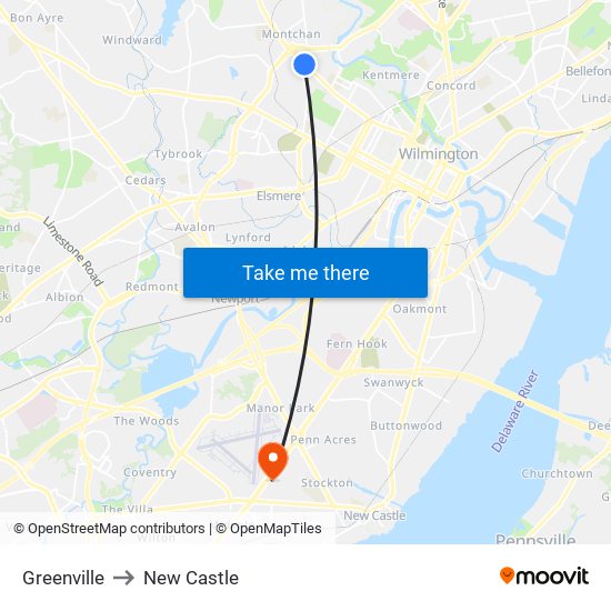 Greenville to New Castle map