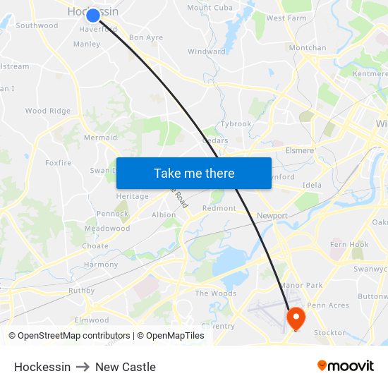 Hockessin to New Castle map