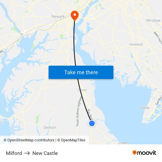 Milford to New Castle map