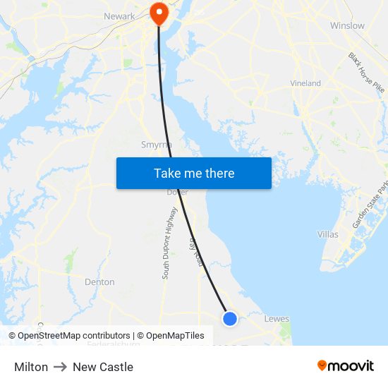 Milton to New Castle map