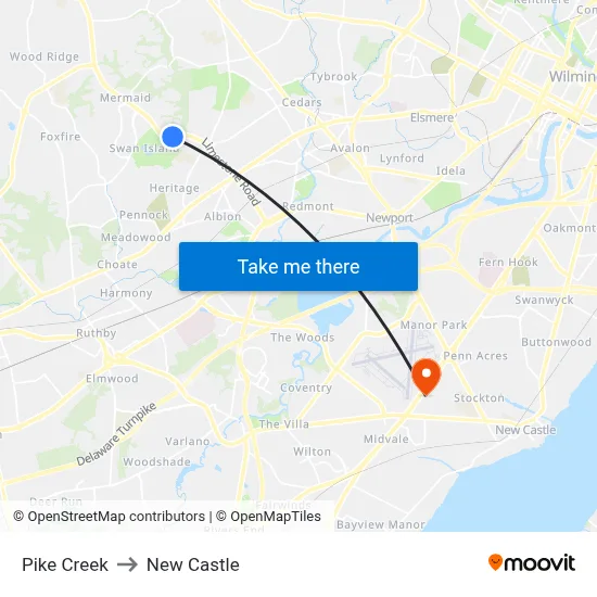 Pike Creek to New Castle map