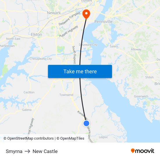 Smyrna to New Castle map
