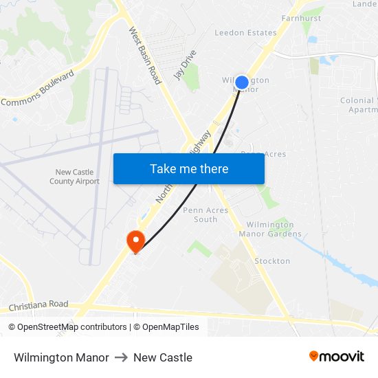 Wilmington Manor to New Castle map