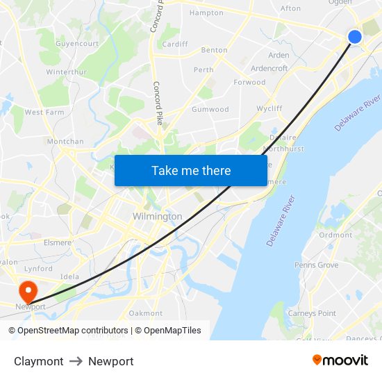 Claymont to Newport map