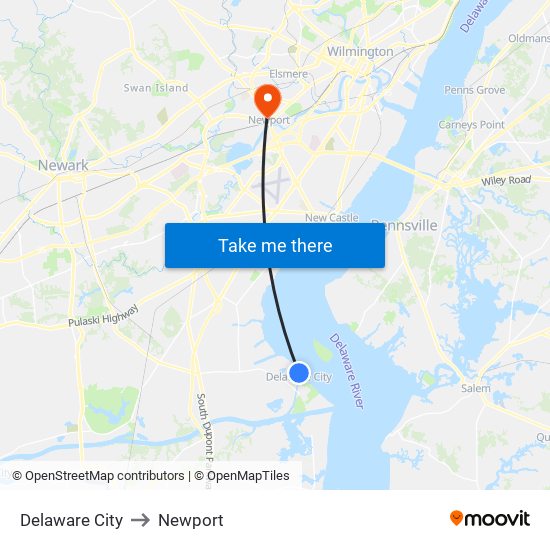 Delaware City to Newport map