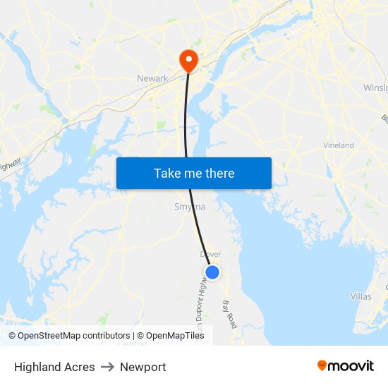 Highland Acres to Newport map