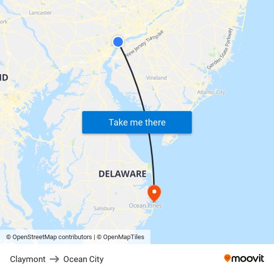 Claymont to Ocean City map