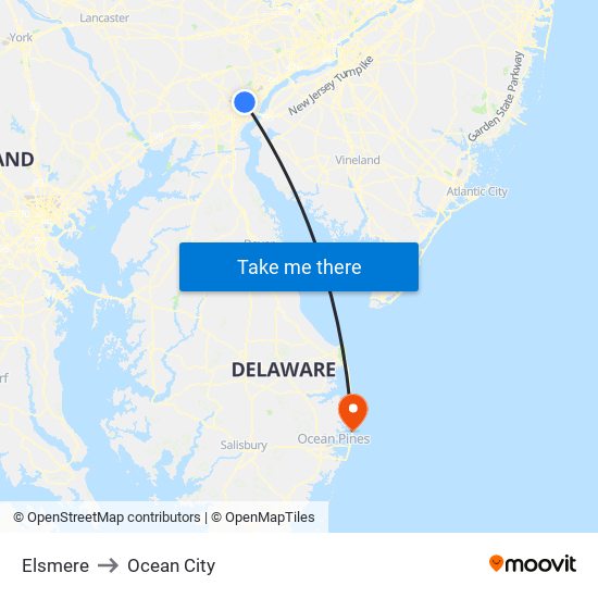 Elsmere to Ocean City map