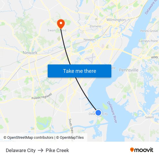 Delaware City to Pike Creek map