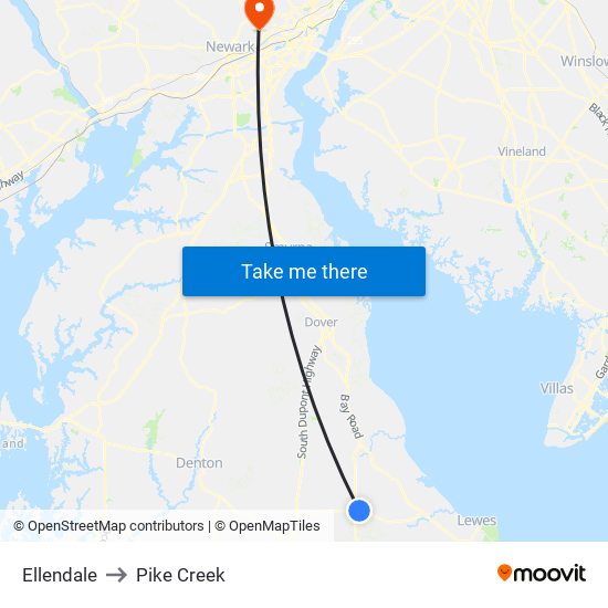 Ellendale to Pike Creek map