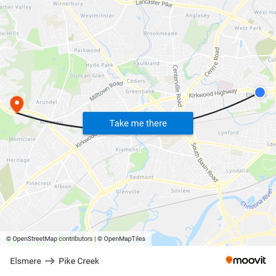 Elsmere to Pike Creek map