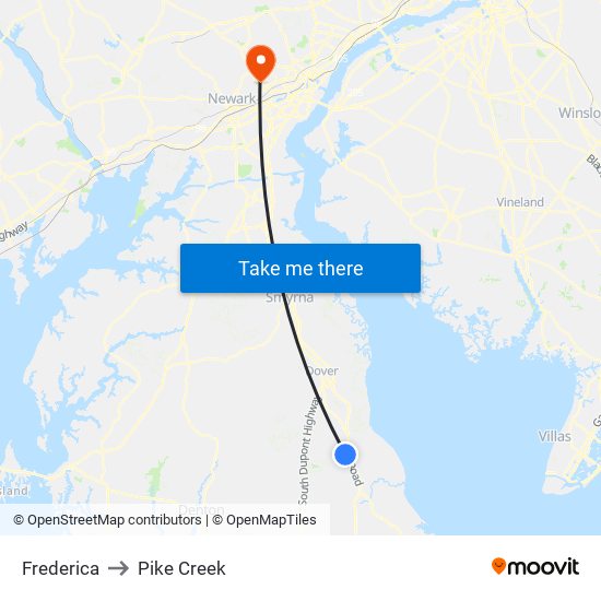 Frederica to Pike Creek map