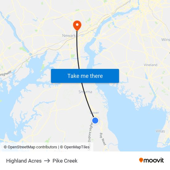 Highland Acres to Pike Creek map