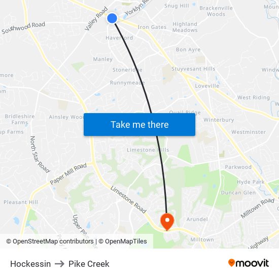 Hockessin to Pike Creek map