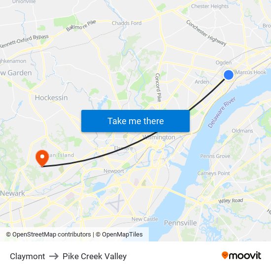 Claymont to Pike Creek Valley map