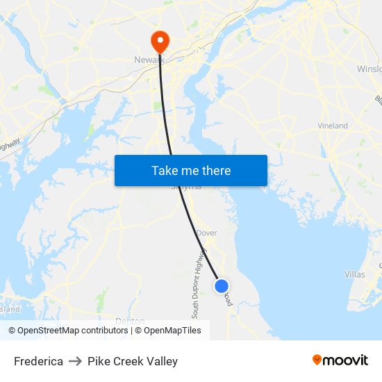 Frederica to Pike Creek Valley map