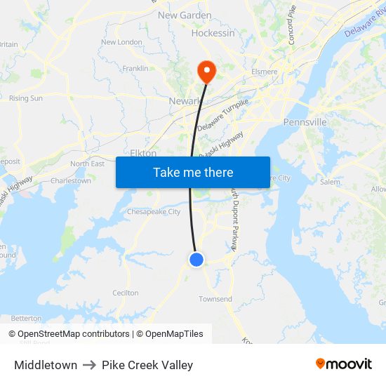 Middletown to Pike Creek Valley map