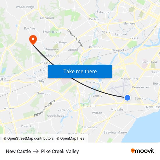 New Castle to Pike Creek Valley map