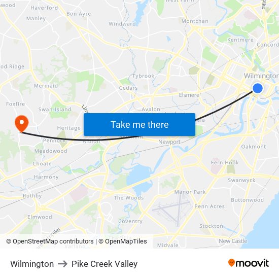 Wilmington to Pike Creek Valley map