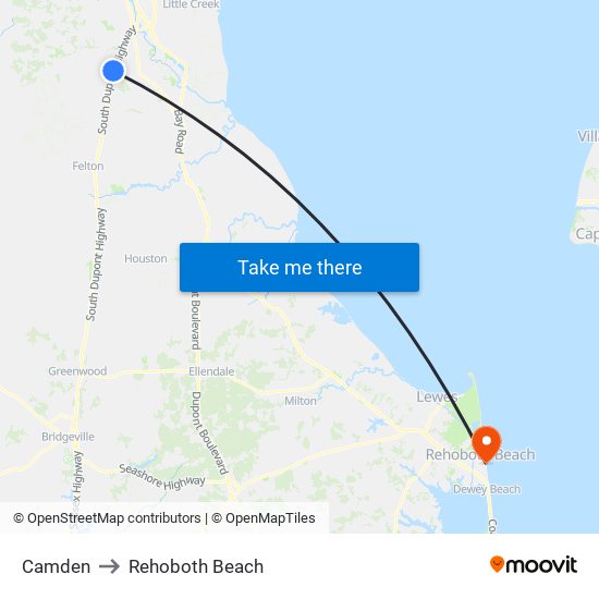 Camden to Rehoboth Beach map