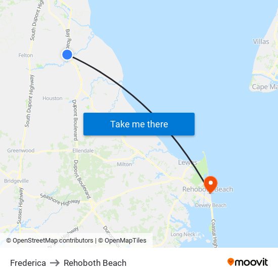 Frederica to Rehoboth Beach map
