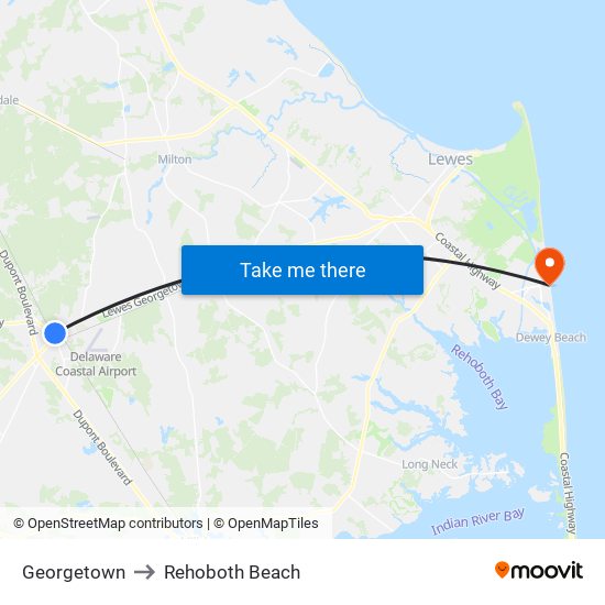 Georgetown to Rehoboth Beach map