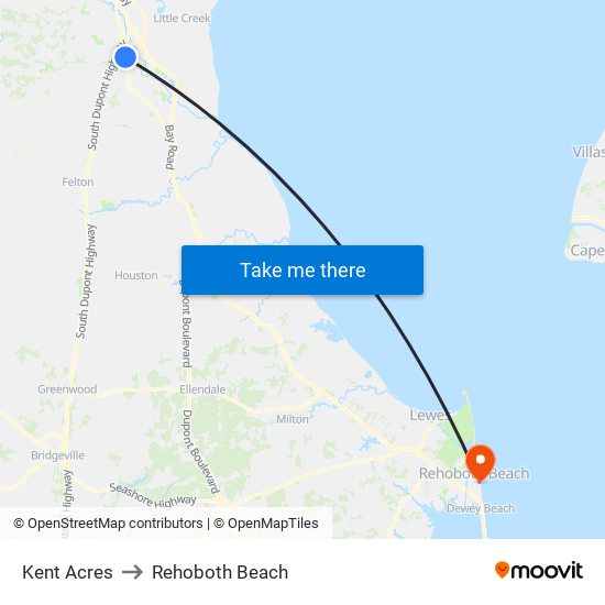 Kent Acres to Rehoboth Beach map