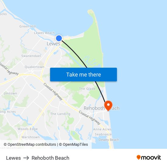 Lewes to Rehoboth Beach map