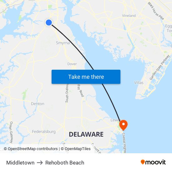 Middletown to Rehoboth Beach map