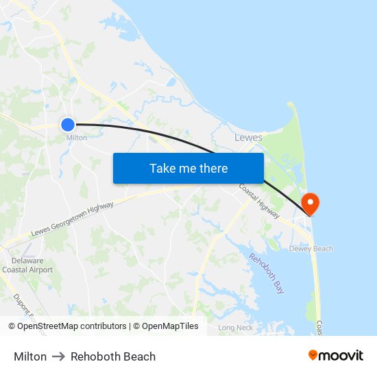 Milton to Rehoboth Beach map