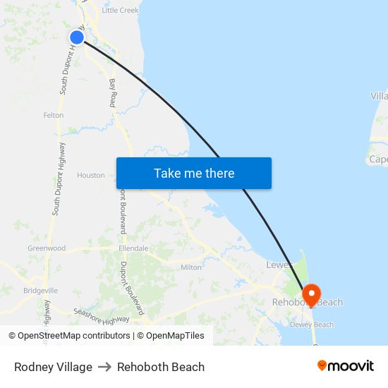 Rodney Village to Rehoboth Beach map