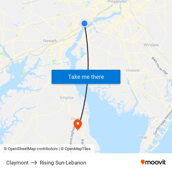 Claymont to Rising Sun-Lebanon map