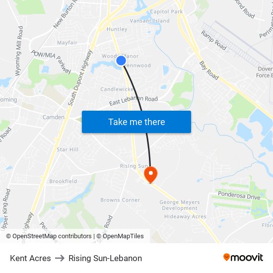 Kent Acres to Rising Sun-Lebanon map