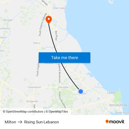 Milton to Rising Sun-Lebanon map