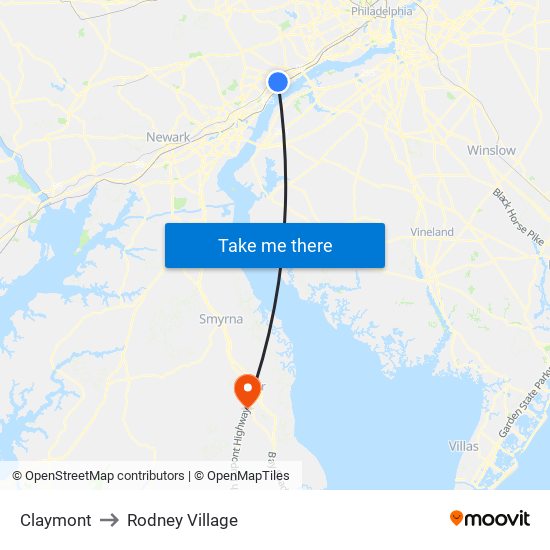 Claymont to Rodney Village map