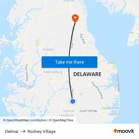 Delmar to Rodney Village map