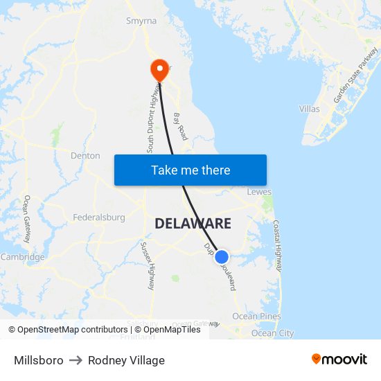 Millsboro to Rodney Village map