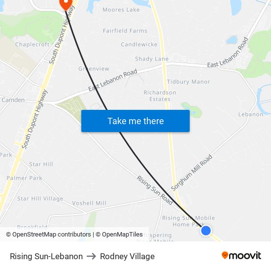 Rising Sun-Lebanon to Rodney Village map