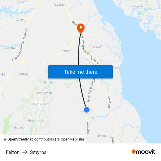 Felton to Smyrna map