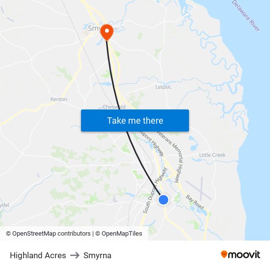 Highland Acres to Smyrna map