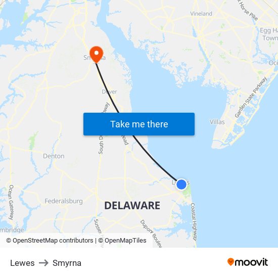 Lewes to Smyrna map